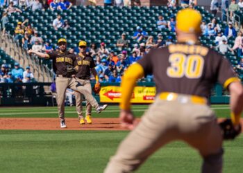 San Diego Padres infielder Mason McCoy (18) throws to first during an MLB Spring Training game between the San Diego Padres and the Kansas City Royals, Saturday February 21, 2026 at Surprise Stadium in Surprise, AZ.