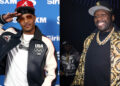 T.I. saluting in a jacket with USA logo; 50 Cent smiling in a patterned jacket and cap, both wearing sunglasses and chains.