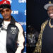 T.I. saluting in a jacket with USA logo; 50 Cent smiling in a patterned jacket and cap, both wearing sunglasses and chains.