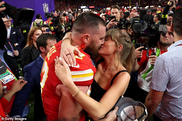 Taylor Swift leads the celebrities who are embracing their WAG era after finding love with NFL players (pictured with fiancé Travis Kelce at the 2024 Super Bowl)
