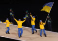 Flagbearer Yelyzaveta Sydorko of Ukraine in the athletes parade during the opening ceremony.