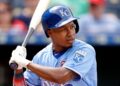 FILE - Kansas City Royals' Terrance Gore bats during the third inning of a baseball game Thursday, July 4, 2019, in Kansas City, Mo.