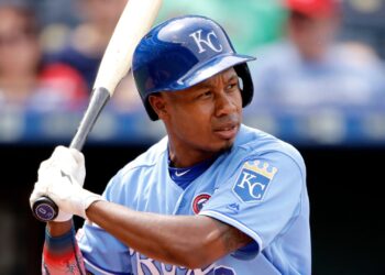 FILE - Kansas City Royals' Terrance Gore bats during the third inning of a baseball game Thursday, July 4, 2019, in Kansas City, Mo.