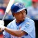 FILE - Kansas City Royals' Terrance Gore bats during the third inning of a baseball game Thursday, July 4, 2019, in Kansas City, Mo.
