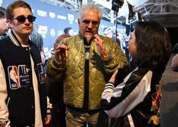 Guy Fieri talks about being a Raiders fan during Super Bowl weekend on the red carpet at Shaq's Fun House in the Cow Palace in Daly City on Friday, Feb. 6, 2026. (Chris Riley/Times-Herald)