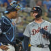 Aug 29, 2025; Kansas City, Missouri, USA;  Detroit Tigers catcher Dillon Dingler (right) talks with Kansas City Royals catcher Salvador Perez (left) in the seventh inning at Kauffman Stadium. Mandatory Credit: Peter Aiken-Imagn Images