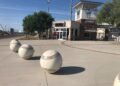 Decorative baseballs circle the entrance to Surprise Stadium.