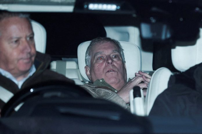 Andrew Mountbatten Windsor, younger brother of Britain’s King Charles, formerly known as Prince Andrew, leaves Aylsham Police Station on a vehicle, on the day he was arrested on suspicion of misconduct in public office, after the U.S. Justice Department released more records tied to the late financier and convicted sex offender Jeffrey Epstein, in Aylsham, Britain, February 19, 2026.