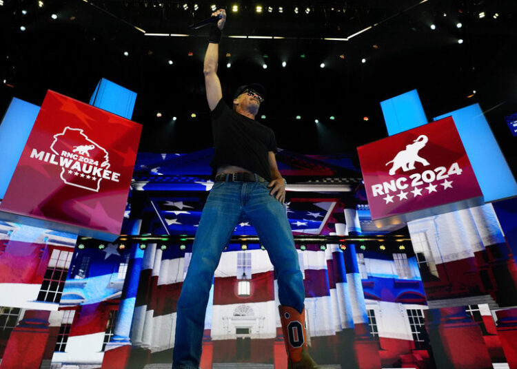 Kid Rock rehearses his performance before during the Republican National Convention Thursday, July 18, 2024, in Milwaukee. (AP Photo/Paul Sancya)