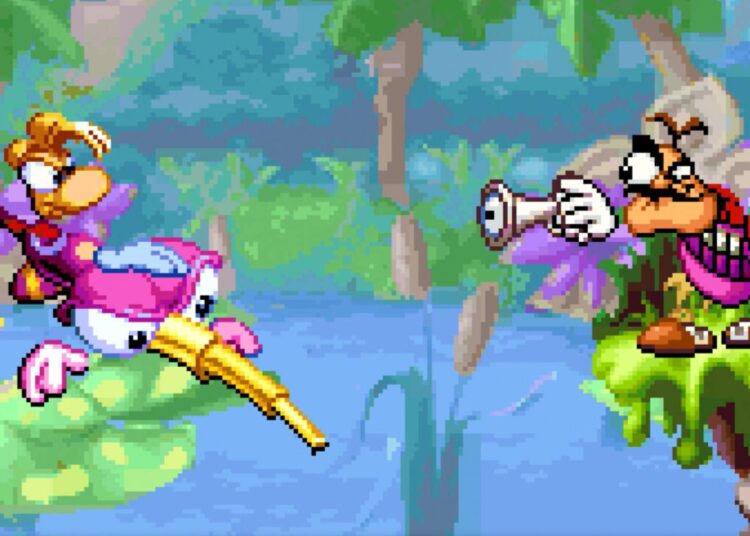Screenshot from Rayman: 30th Anniversary Edition shows Rayman angry, facing another character.