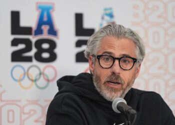 Casey Wasserman, LA28 chairperson and president, takes questions from the media during a news conference in Los Angeles on June 5, 2025. (AP Photo/Damian Dovarganes)
