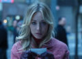 Kaley Cuoco looking at clues in a pink coat during The Flight Attendant. .