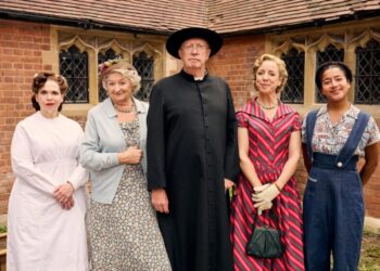 Debbie Chazen as Nurse Dorothy Hyde, Sorcha Cusack as Bridgette McCarthy, Mark Williams as Father Brown, Claudie Blakley as Isabel Sullivan and Ruby-May Martinwood as Brenda Palmer in Father Brown. BBC Studios/Kevin Baker