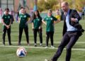 Prince William takes a penalty during a visit to MISK Sports City in Riyadh. Pic: PA