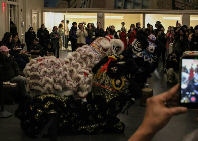 Photo of a lion dance with the closest lion having black fur and gold detailing, the one in the middle with white fur and silver detailing, and the furthest one has black fur and blue detailing. People around have their phones out and are recording the performance.
