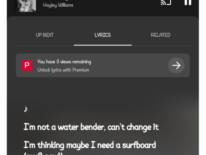 An X post about how Youtube Music won't let the user see scrollable lyrics anymore