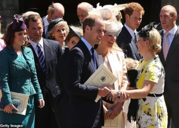 From L to R: Princess Eugenie, Peter Philips, Princess Beatrice, the Prince and Princess of Wales, Prince Harry, and Zara and Mike Tindall at a service marking the 60th anniversary of the Coronation Queen Elizabeth II at Westminster Abbey in June 2013