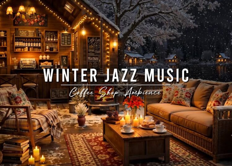Winter Jazz Music with Gentle Snowfall ⛄ Cozy Coffee Shop Ambience & Smooth Jazz Instrumental Music