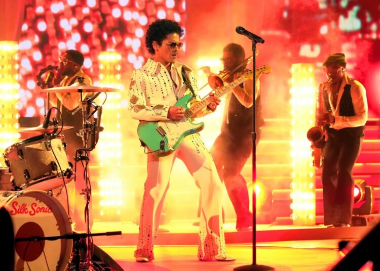 Bruno Mars of Silk Sonic performs onstage during the 64th Annual Grammy Awards held April 3, 2022, in Las Vegas. (Kevin Mazur)