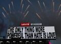A message is displayed while Puerto Rican singer Bad Bunny performs during the Super Bowl LX Patriots vs Seahawks Apple Music Halftime Show at Levi's Stadium in Santa Clara, California on February 8, 2026.
