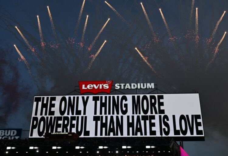 A message is displayed while Puerto Rican singer Bad Bunny performs during the Super Bowl LX Patriots vs Seahawks Apple Music Halftime Show at Levi's Stadium in Santa Clara, California on February 8, 2026.
