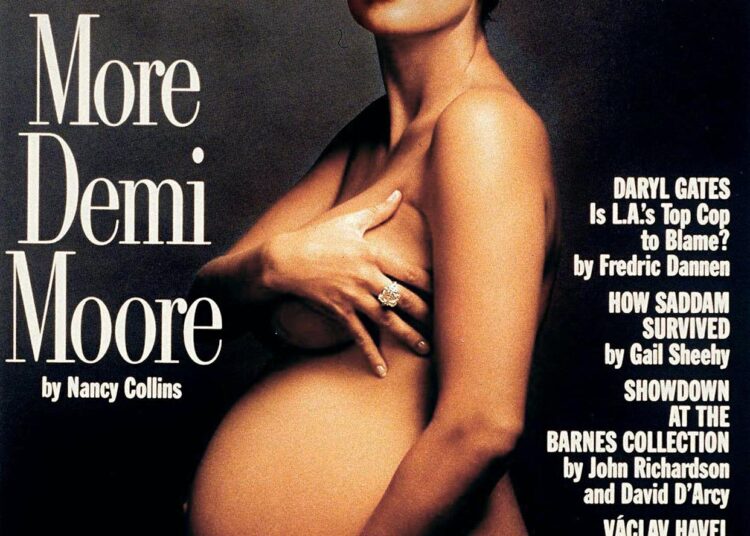 Cover of Vanity Fair magazine (August 1991) featuring Demi Moore, nude and visibly pregnant, holding her belly with one arm across her chest. Large text reads: "More Demi Moore" and several article headlines are listed.