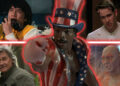 Jackie Chan as Inspector Chan Ka-Kui in Police Story, Jason Lee as Azrael in Dogma, Kurt Russell as Lee Shaw in Monarch: Legacy of Monsters, Dave Bautista as Drax the Destroyer in Guardians of the Galaxy, and Carl Weathers as Apollo Creed in Rocky in a composite image