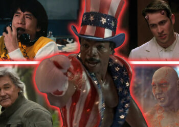 Jackie Chan as Inspector Chan Ka-Kui in Police Story, Jason Lee as Azrael in Dogma, Kurt Russell as Lee Shaw in Monarch: Legacy of Monsters, Dave Bautista as Drax the Destroyer in Guardians of the Galaxy, and Carl Weathers as Apollo Creed in Rocky in a composite image