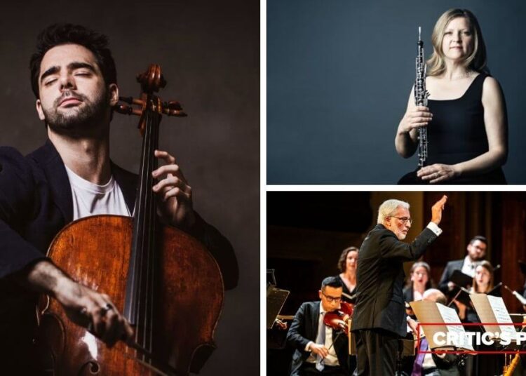 L-R (clockwise): Cellist Pablo Ferrández (Photo courtesy of the artist); Oboist Sarah Jeffrey (Photo: Christopher Wahl); Ivar Taurins conducts the Tafelmusik Baroque Orchestra & Chamber Choir, December 2024 (Photo: Dahlia Katz)