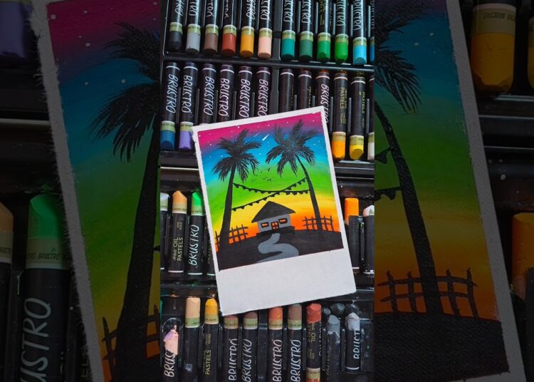 🎨 Beautiful Sunset Scenery Drawing | Oil Pastel Art for Beginners 🌈🌴 #art #try #easy #viral