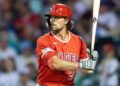 Mar 17, 2026; Mesa, Arizona, USA; Los Angeles Angels second baseman Adam Frazier against the Chicago Cubs during a spring training game at Sloan Park. Mandatory Credit: Mark J. Rebilas-Imagn Images