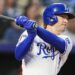 May 28, 2025; Kansas City, Missouri, USA; Kansas City Royals center fielder Drew Waters (8) bats against the Cincinnati Reds at Kauffman Stadium. Mandatory Credit: Jay Biggerstaff-Imagn Images