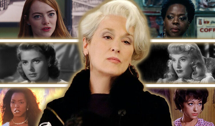 Meryl Streep, Emma Stone, Viola Davis, Ingrid Bergman, Barbara Stanwyck, Angela Bassett, and Rita Moreno in a composite image
