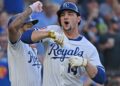 Jul 9, 2025; Kansas City, Missouri, USA;  Kansas City Royals right fielder Jac Caglianone (14) celebrates with teammate  third baseman Maikel Garcia (11) after hitting a two-run home run in the fourth inning against the Pittsburgh Pirates at Kauffman Stadium. Mandatory Credit: Peter Aiken-Imagn Images
