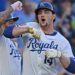 Jul 9, 2025; Kansas City, Missouri, USA;  Kansas City Royals right fielder Jac Caglianone (14) celebrates with teammate  third baseman Maikel Garcia (11) after hitting a two-run home run in the fourth inning against the Pittsburgh Pirates at Kauffman Stadium. Mandatory Credit: Peter Aiken-Imagn Images