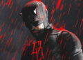 Daredevil in black costume in red-tinted rain in Daredevil: Born Again Season 2 poster.