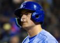 Mar 4, 2023; Surprise, Arizona, USA; Kansas City Royals outfielder Gavin Cross against the Los Angeles Dodgers during a spring training game at Surprise Stadium. Mandatory Credit: Mark J. Rebilas-Imagn Images