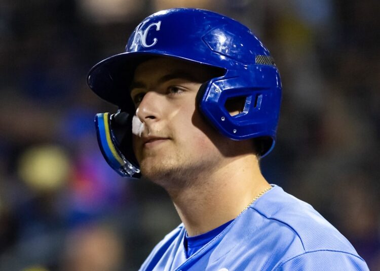 Mar 4, 2023; Surprise, Arizona, USA; Kansas City Royals outfielder Gavin Cross against the Los Angeles Dodgers during a spring training game at Surprise Stadium. Mandatory Credit: Mark J. Rebilas-Imagn Images