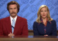 From left to right: Will Ferrell as Ron and Christina Applegate reading the news while sitting next to each other. .