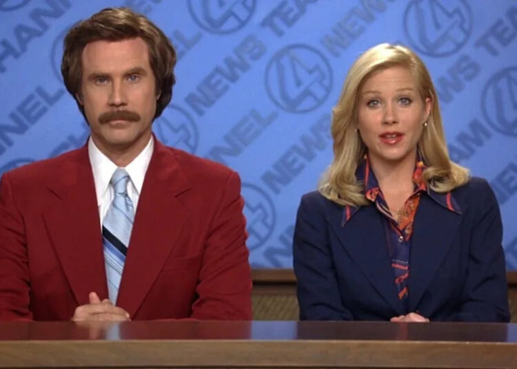 From left to right: Will Ferrell as Ron and Christina Applegate reading the news while sitting next to each other. .