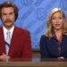 From left to right: Will Ferrell as Ron and Christina Applegate reading the news while sitting next to each other. .