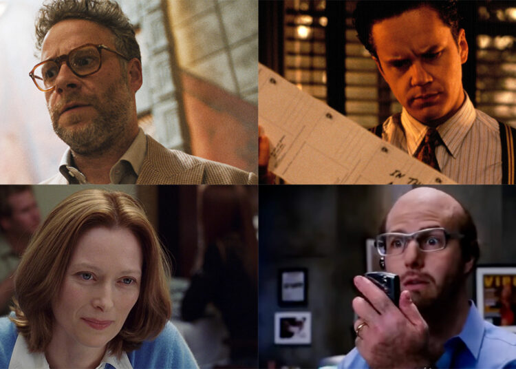 Clockwise from top left: Seth Rogen in 'The Studio,' Tim Robbins in 'The Player,' Tom Cruise in 'Tropic Thunder' and Tilda Swinton in 'Adaptation'