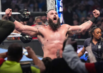 Braun Strowman looks on during SmackDown at Allstate Arena on April 4, 2025 in Rosemont, Illinois.