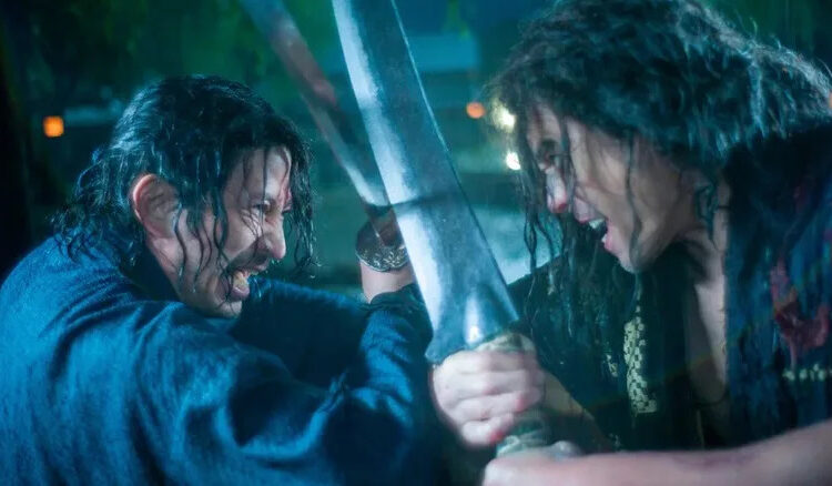 Shujiro and Bukotsu clashing with their swords