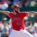 Angels starting pitcher Grayson Rodriguez throws to the plate during...