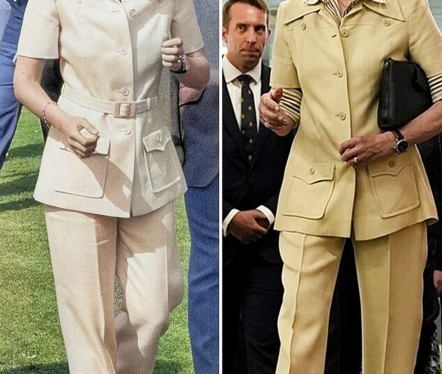 In November, Anne rewore a classic 70s safari-style trouser suit a staggering 52 years on from its royal debut. Pictured in 1973 (left) and in 2025 (right)