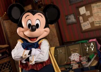 Mickey Mouse at the Town Square Theater in the Magic Kingdom at Disney World.