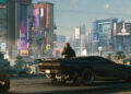 Promotional art for Cyberpunk 2077 showing V sitting against a futuristic car, looking out over Night City.