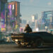 Promotional art for Cyberpunk 2077 showing V sitting against a futuristic car, looking out over Night City.