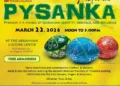 A yellow poster with decorated eggs on it that reads "Pysanka" in large green letters.